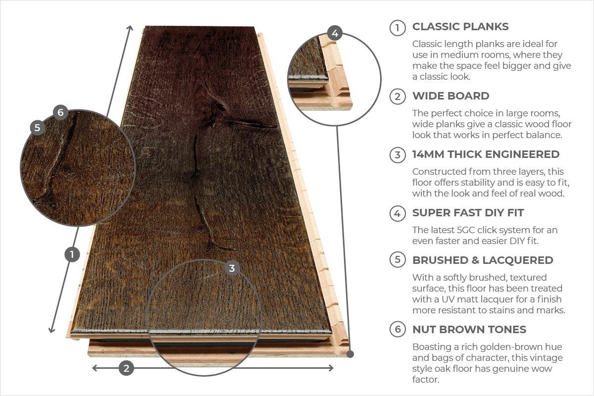 Marsala Brushed Lacquered Rustic Oak Engineered Clic Flooring 14mm x 180mm - Image 6