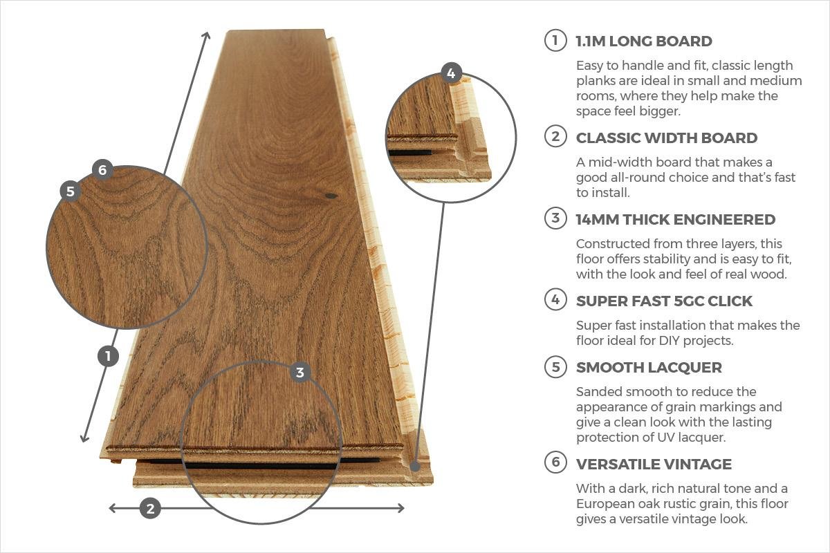 Marron Brushed Lacquered Rustic Oak Engineered Clic Flooring 14mm x 180mm - Image 4